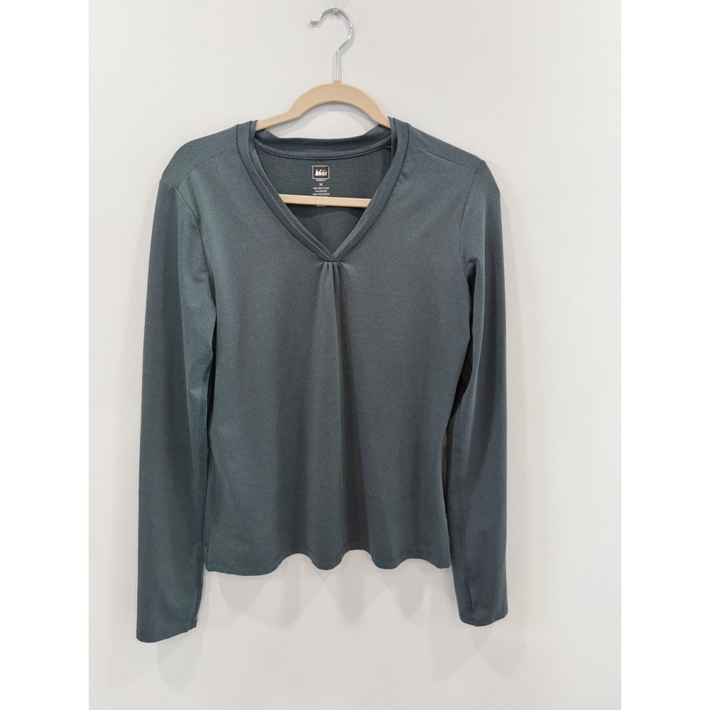 REI Dark Teal V-Neck Athletic Top M Long Sleeve Stretch Activewear Hiking